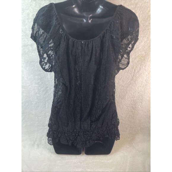 Black Lace Top with Cap Sleeves and Sheer Lace Size Medium - Picture 2 of 4